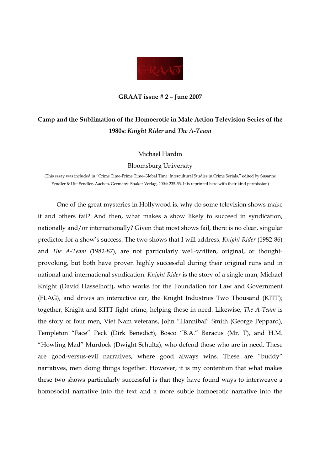 Camp and the Sublimation of the Homoerotic in Male Action Television Series of the 1980S: Knight Rider and the A-Team