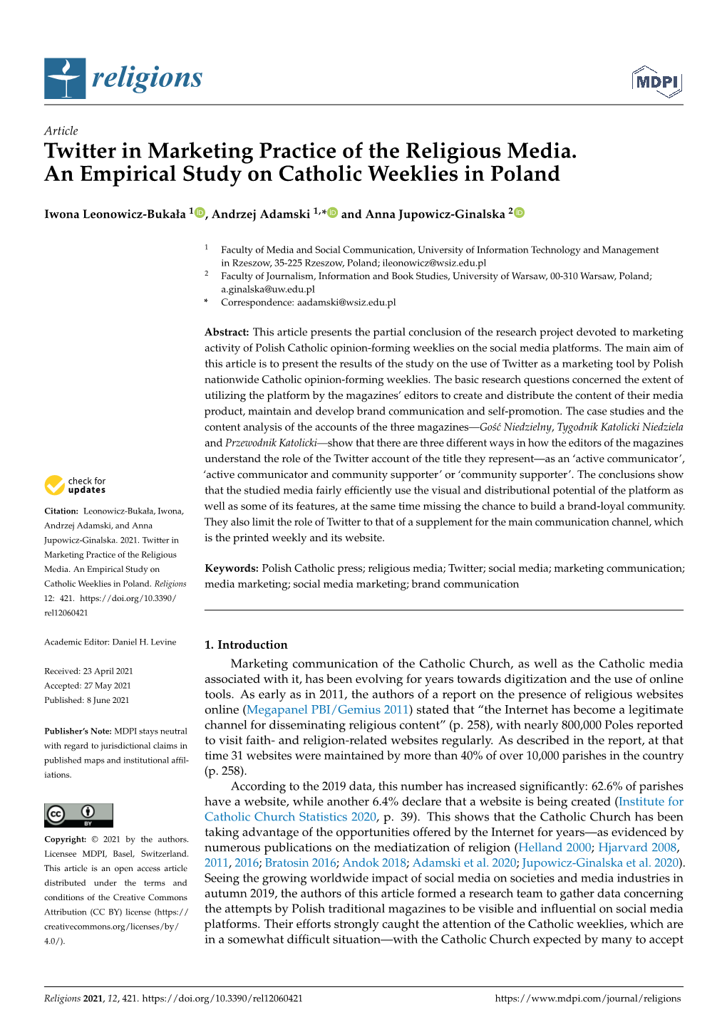 Twitter in Marketing Practice of the Religious Media. an Empirical Study on Catholic Weeklies in Poland