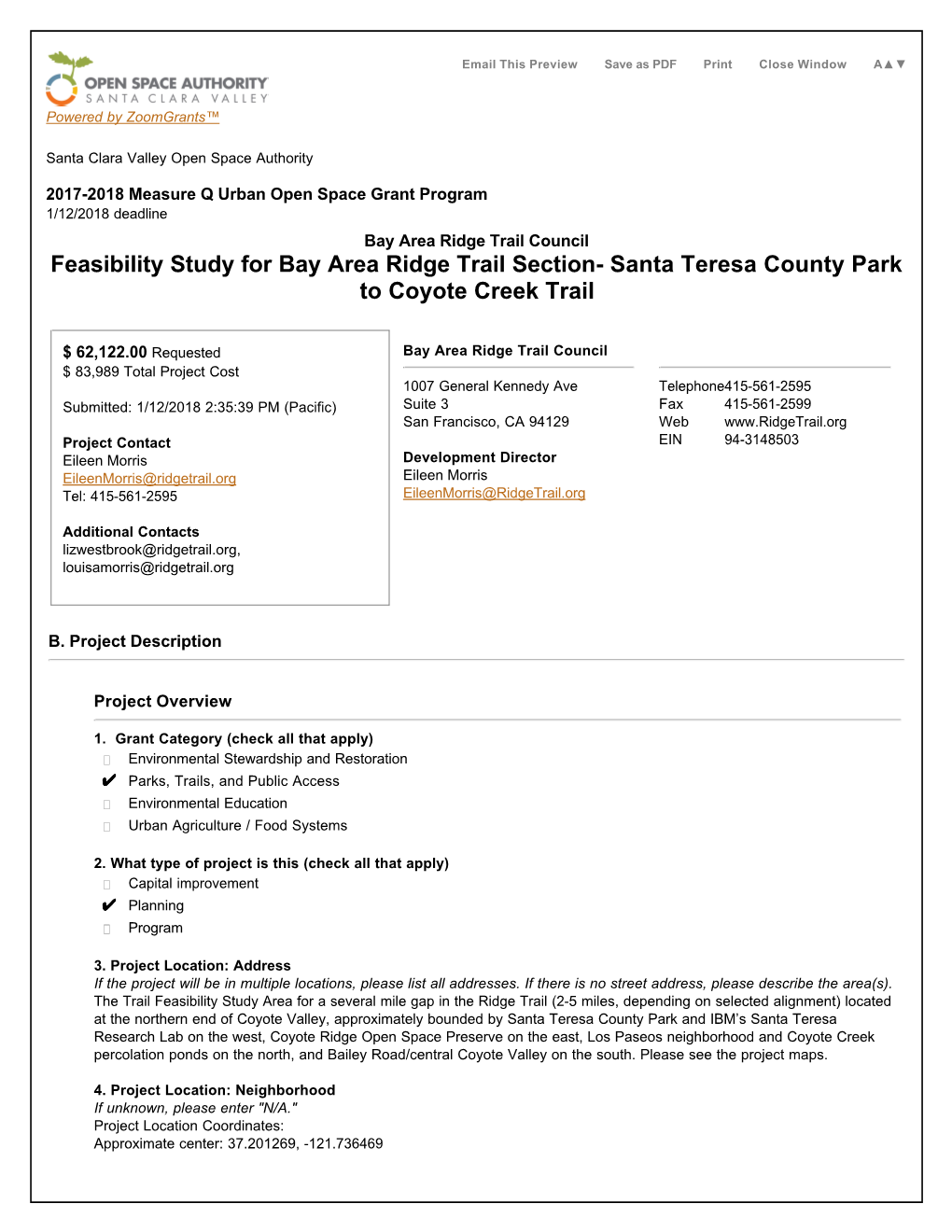 Feasibility Study for Bay Area Ridge Trail Section- Santa Teresa County Park to Coyote Creek Trail