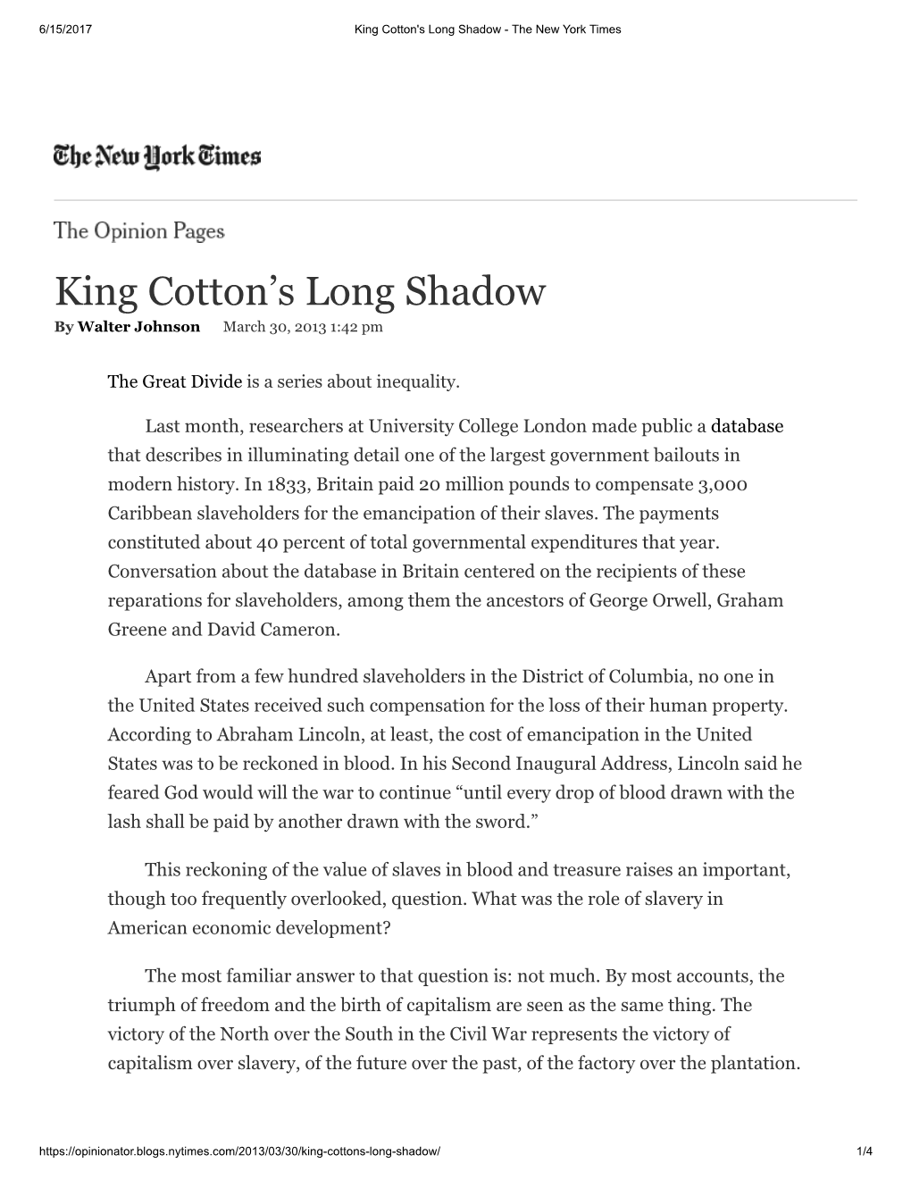 King Cotton's Long Shadow ­ the New York Times