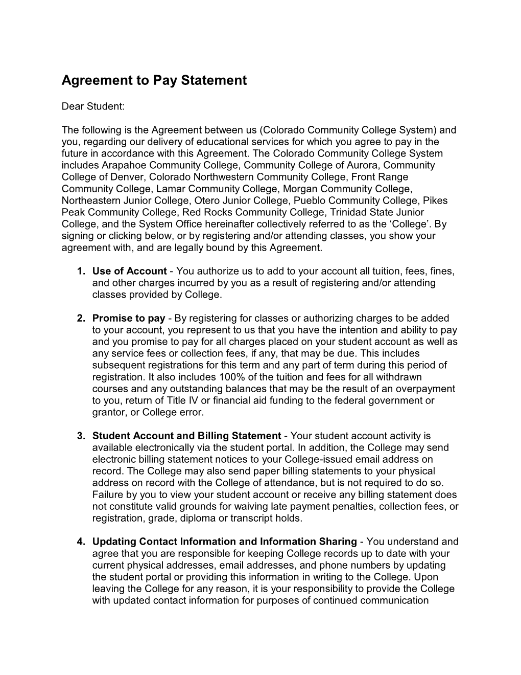 Agreement to Pay Statement