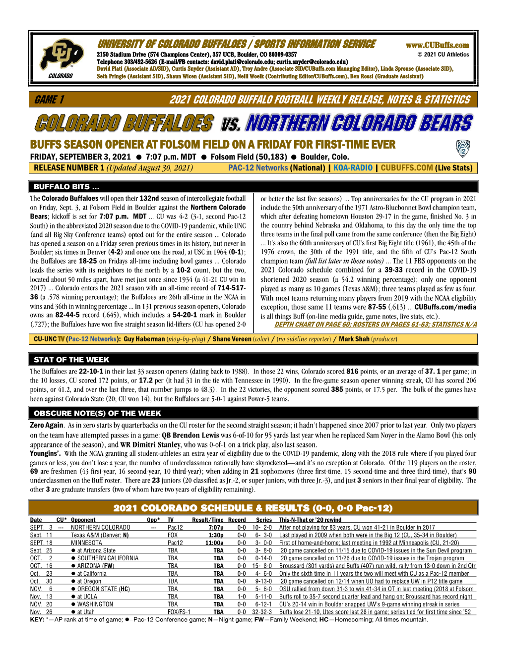 University of Colorado Buffaloes / Sports Information Service Game 1 2021 Colorado Buffalo Football Weekly Release, Notes &