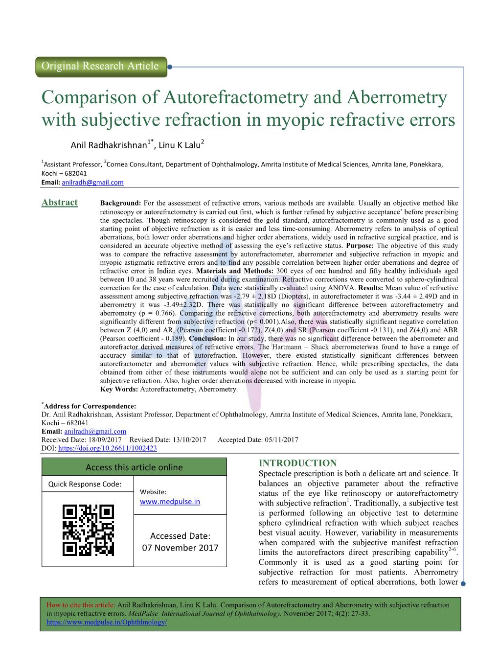 Comparison of Autorefractome with Subjective Refraction in My Arison of Autorefractometry and Aberrometry Ubjective Refraction I