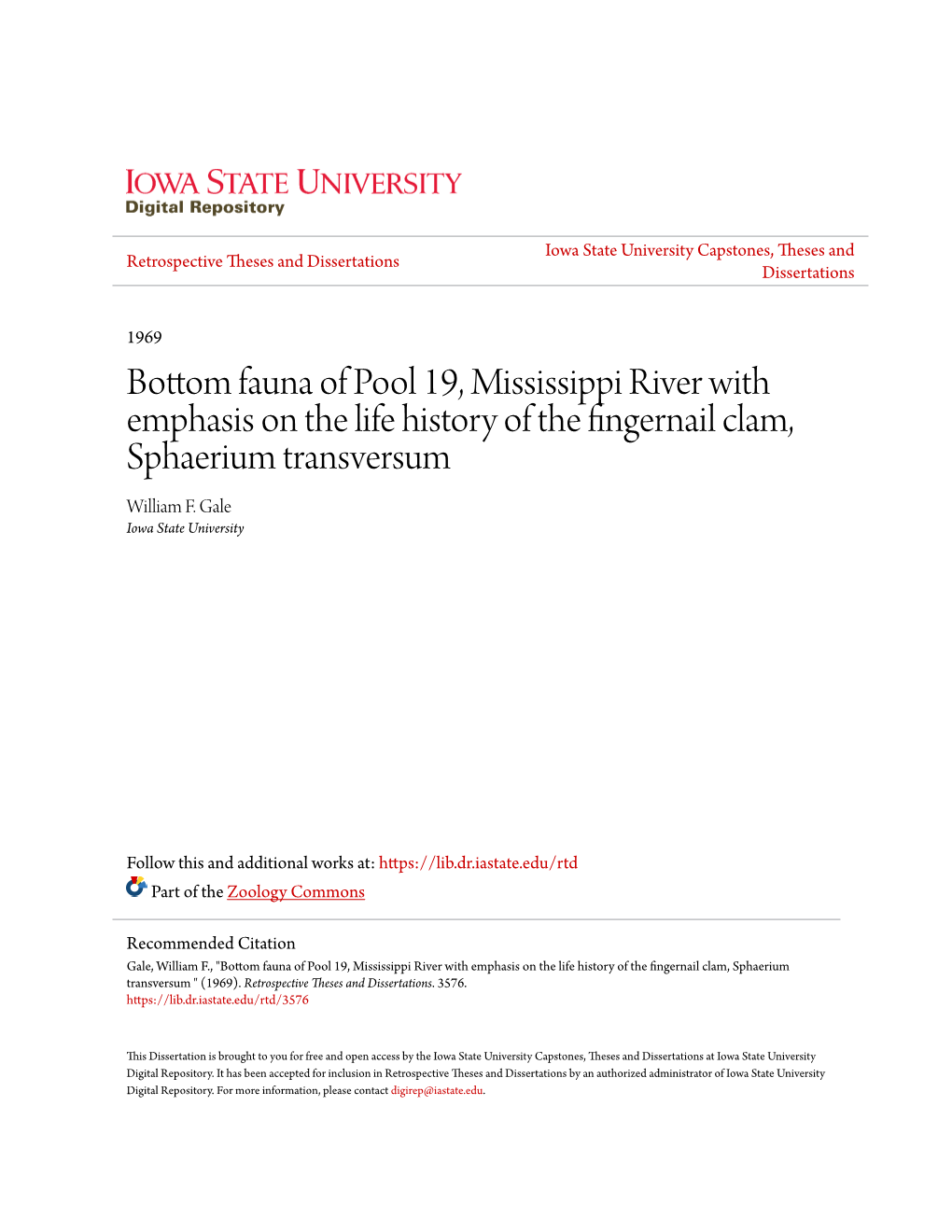 Bottom Fauna of Pool 19, Mississippi River with Emphasis on the Life History of the Fingernail Clam, Sphaerium Transversum William F