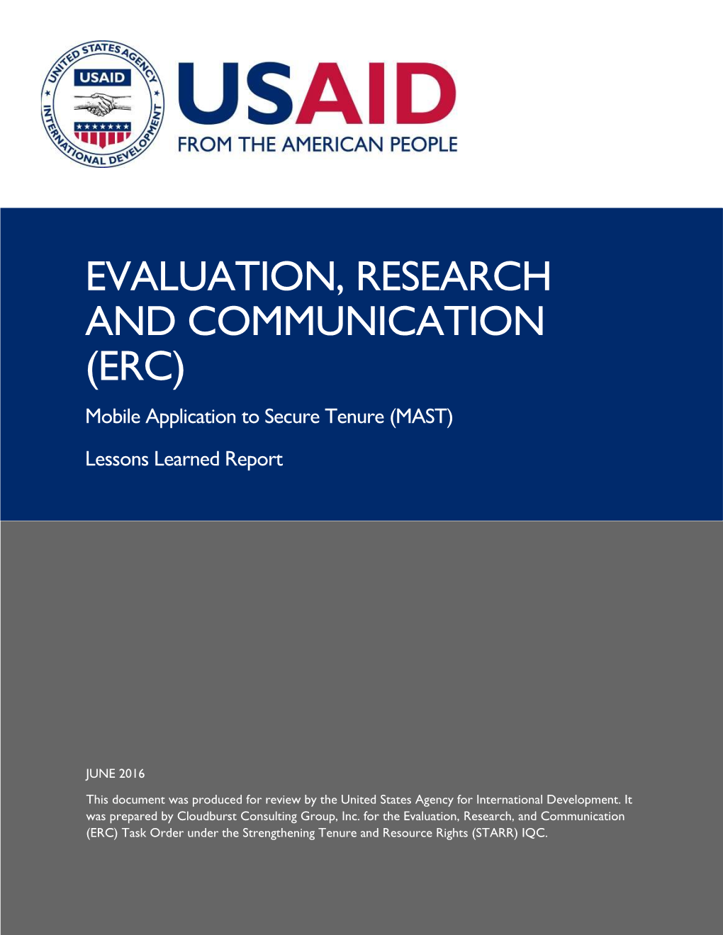 EVALUATION, RESEARCH and COMMUNICATION (ERC) Mobile Application to Secure Tenure (MAST) Lessons Learned Report