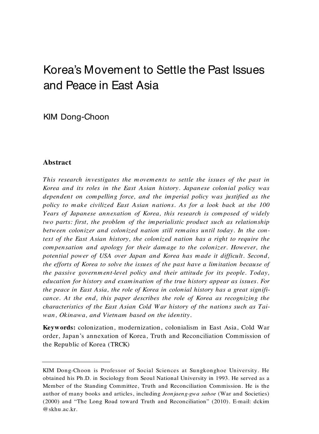 Korea's Movement to Settle the Past Issues and Peace in East Asia