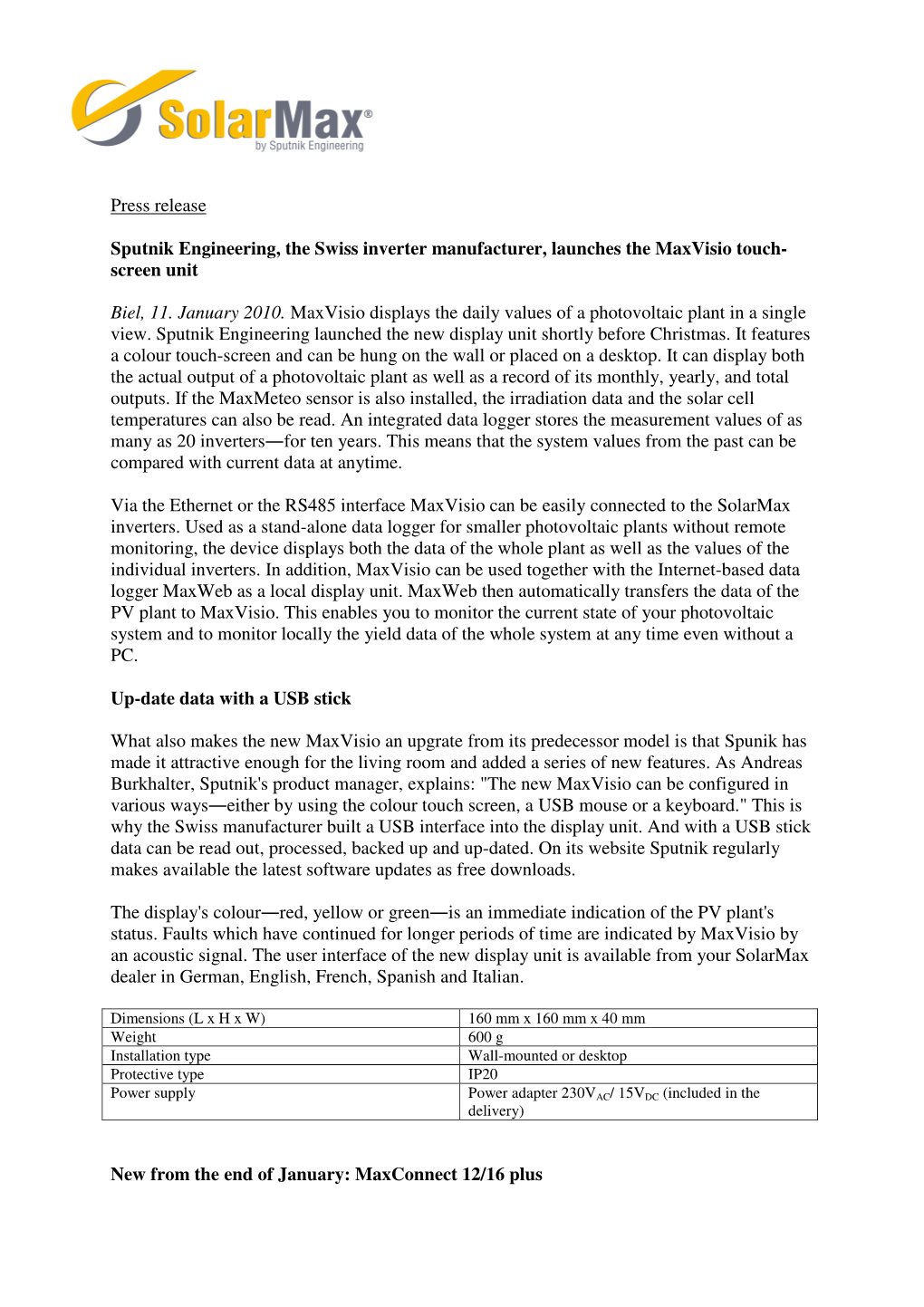 Press Release Sputnik Engineering, the Swiss Inverter