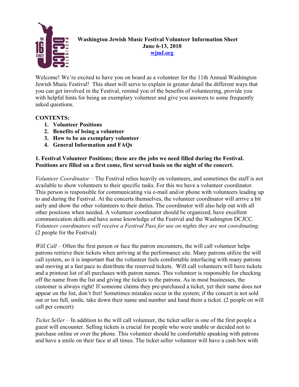 Washington Jewish Music Festival Volunteer Information Sheet May 16-24, 2006