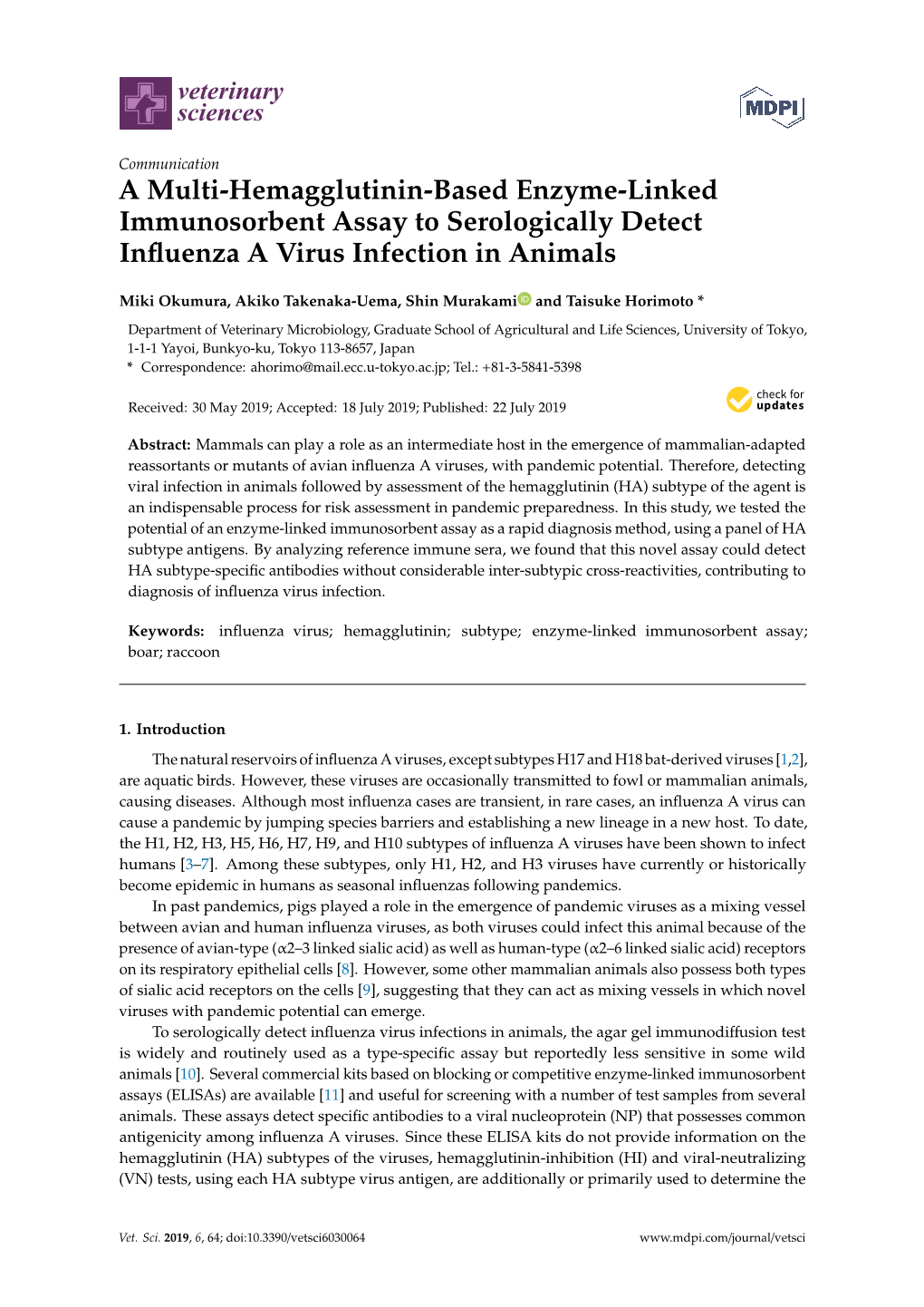 A Multi-Hemagglutinin-Based Enzyme-Linked Immunosorbent Assay to Serologically Detect Inﬂuenza a Virus Infection in Animals