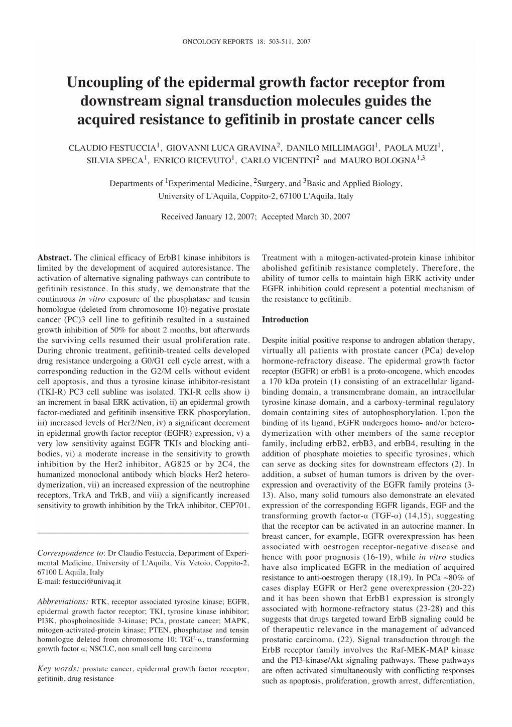 Uncoupling of the Epidermal Growth Factor Receptor from Downstream Signal Transduction Molecules Guides the Acquired Resistance to Gefitinib in Prostate Cancer Cells