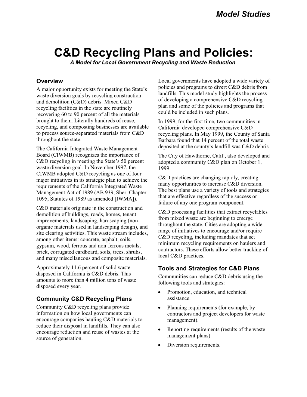 C&D Recycling Plans And Policies: A Model For Local Government Recycling And Waste Reduction