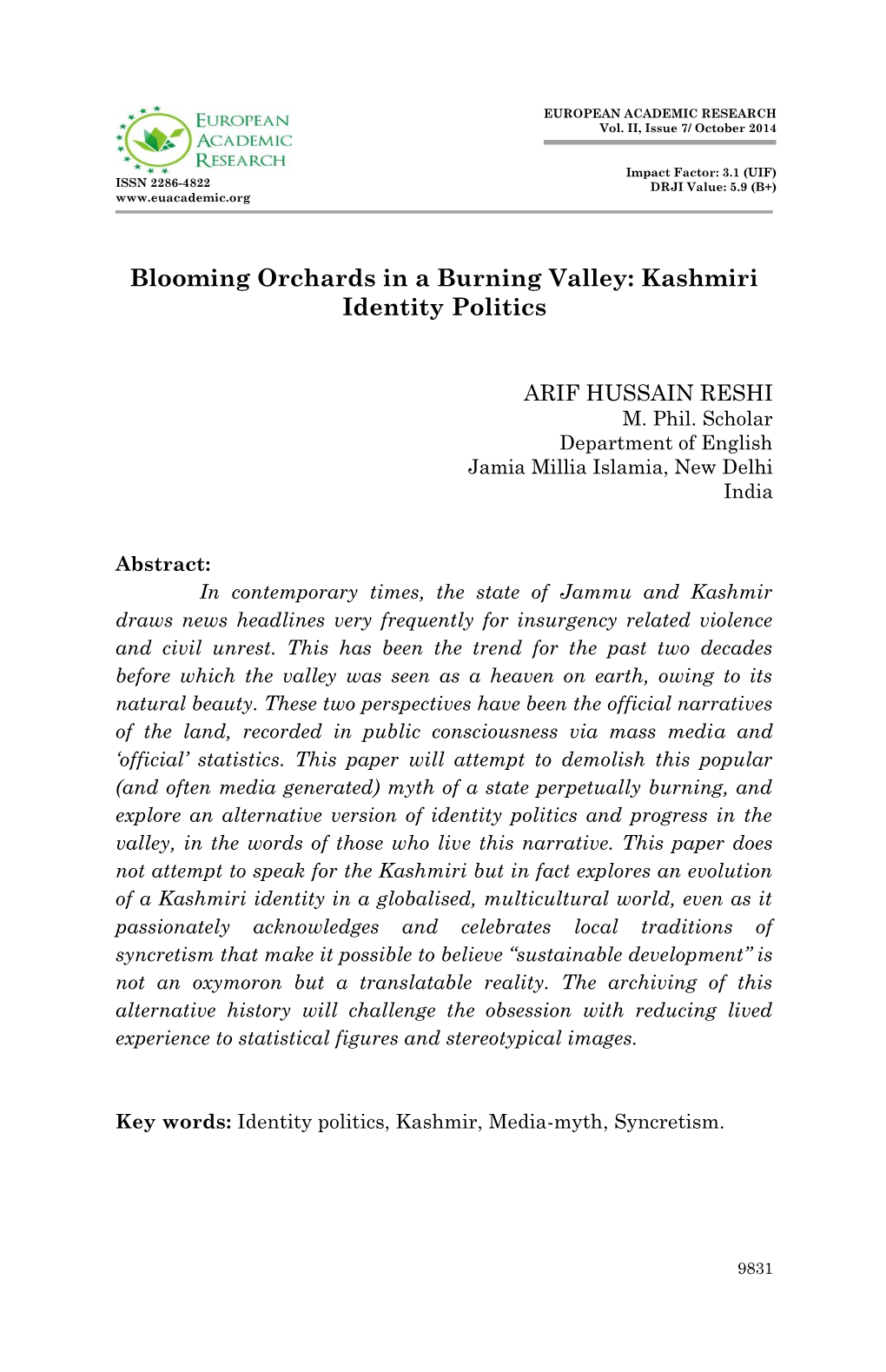 Blooming Orchards in a Burning Valley: Kashmiri Identity Politics