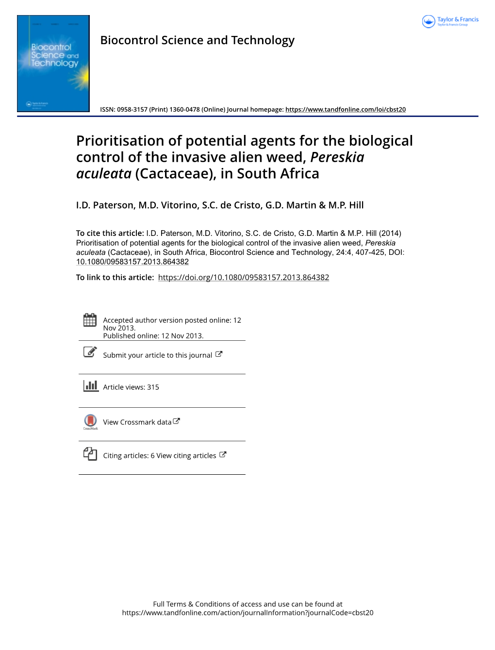 Prioritisation of Potential Agents for the Biological Control of the Invasive Alien Weed, Pereskia Aculeata (Cactaceae), in South Africa