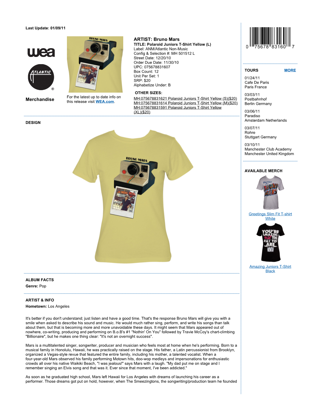 Merchandise ARTIST: Bruno Mars