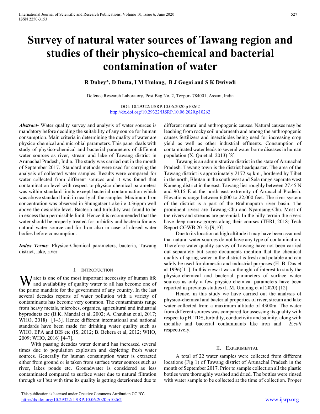 Survey of Natural Water Sources of Tawang Region and Studies of Their Physico-Chemical and Bacterial Contamination of Water