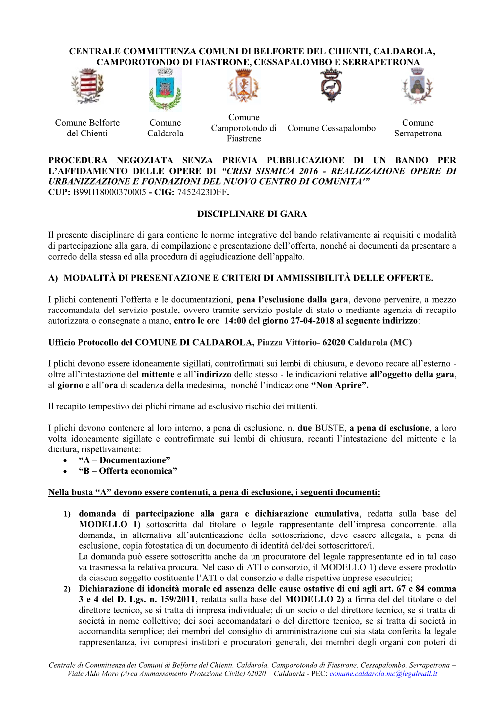 Centrale Committenza Comuni Di Belforte Del Chienti, Caldarola, Camporotondo Di Fiastrone, Cessapalombo E Serrapetrona