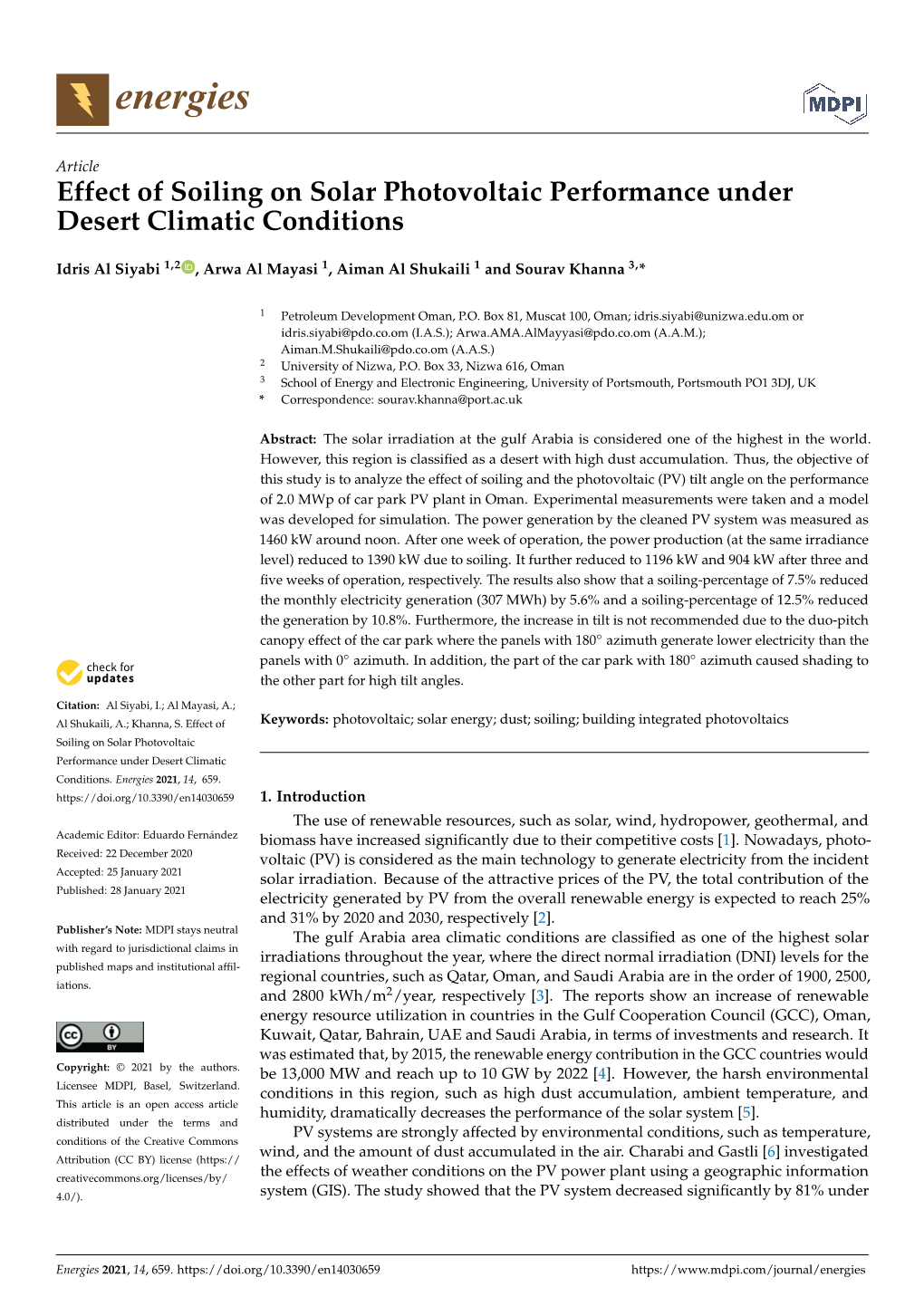 Effect of Soiling on Solar Photovoltaic Performance Under Desert Climatic Conditions