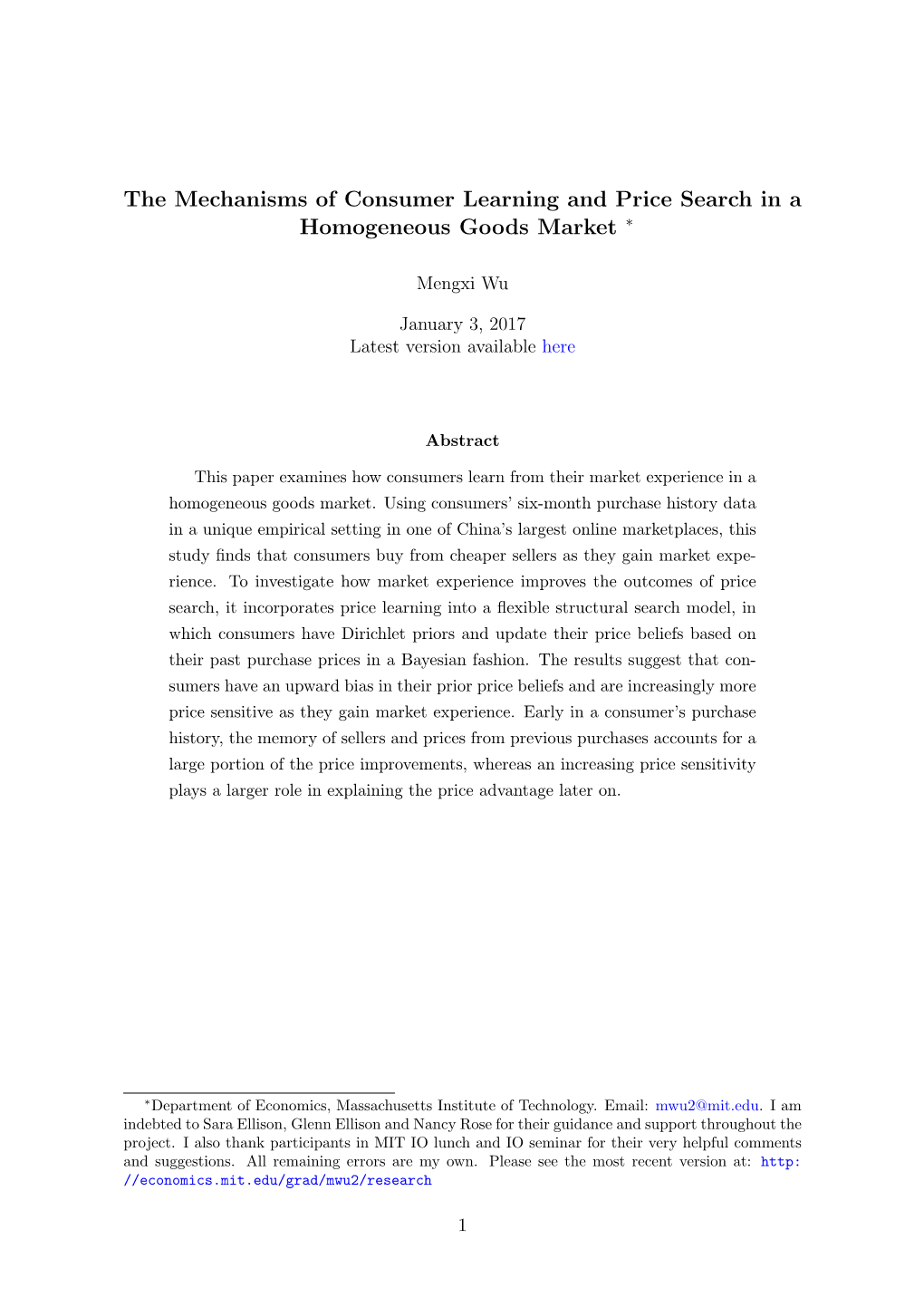 The Mechanisms of Consumer Learning and Price Search in a Homogeneous Goods Market ∗