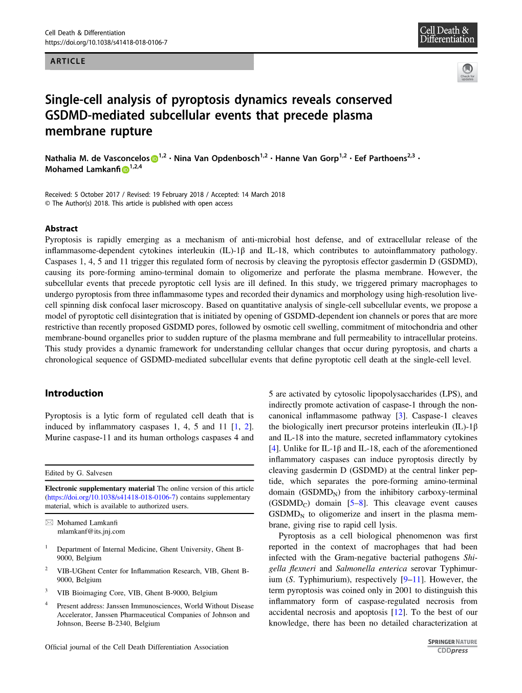 Single-Cell Analysis of Pyroptosis Dynamics Reveals Conserved GSDMD-Mediated Subcellular Events That Precede Plasma Membrane Rupture