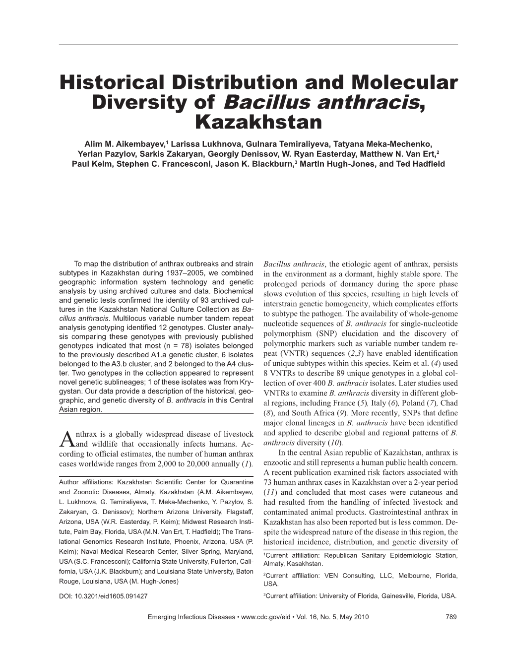 Diversity of Bacillus Anthracis, Kazakhstan Alim M