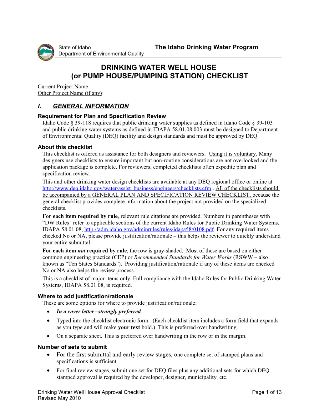 Drinking Water Distribution System Checklist