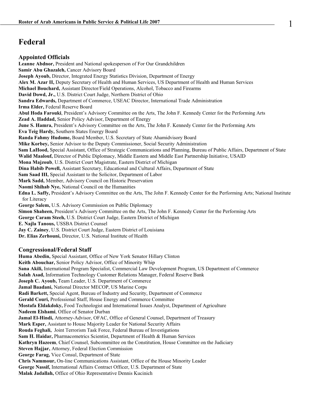 2007 Roster of Arab Americans in Public Service