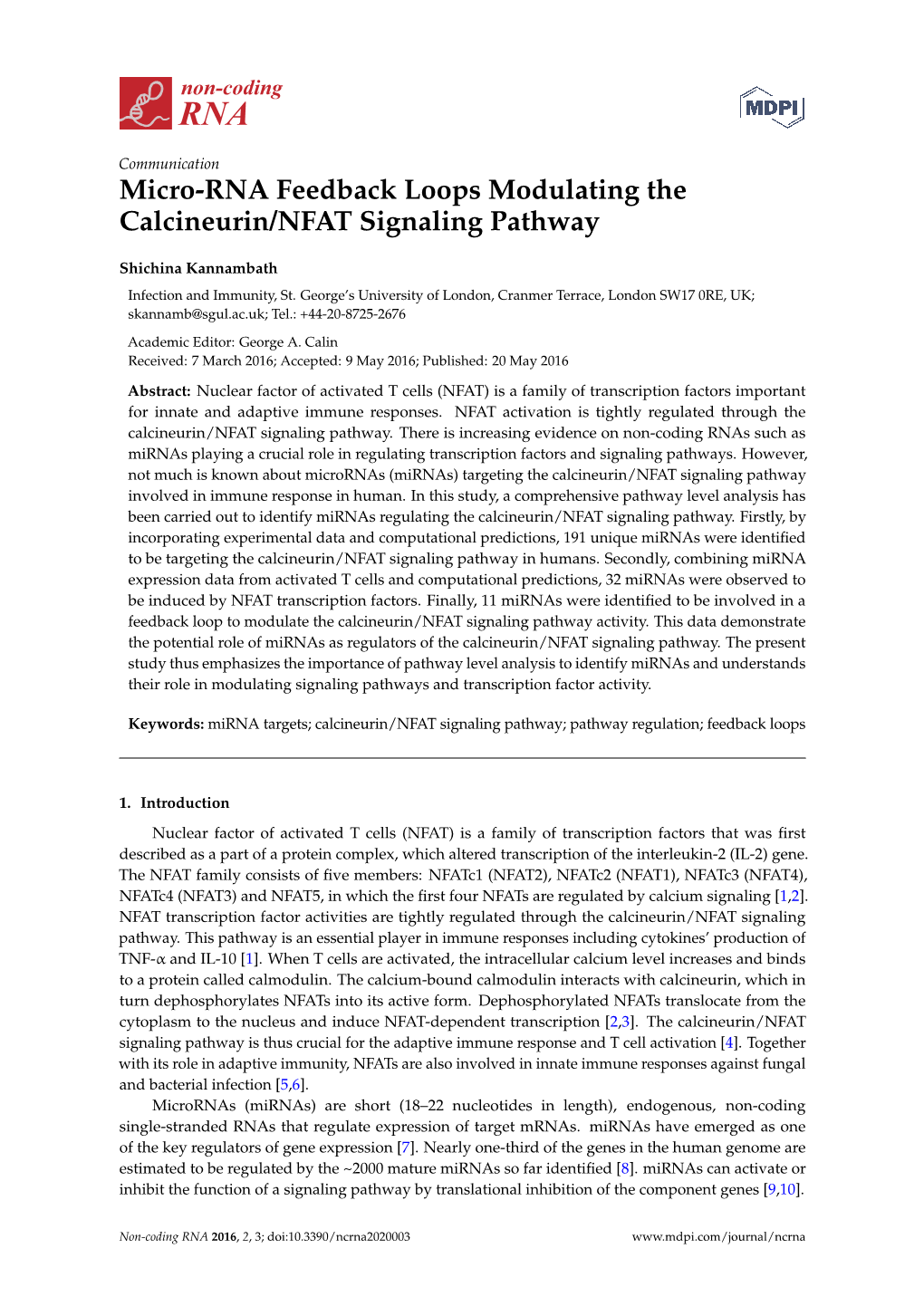 Micro-RNA Feedback Loops Modulating the Calcineurin/NFAT Signaling Pathway