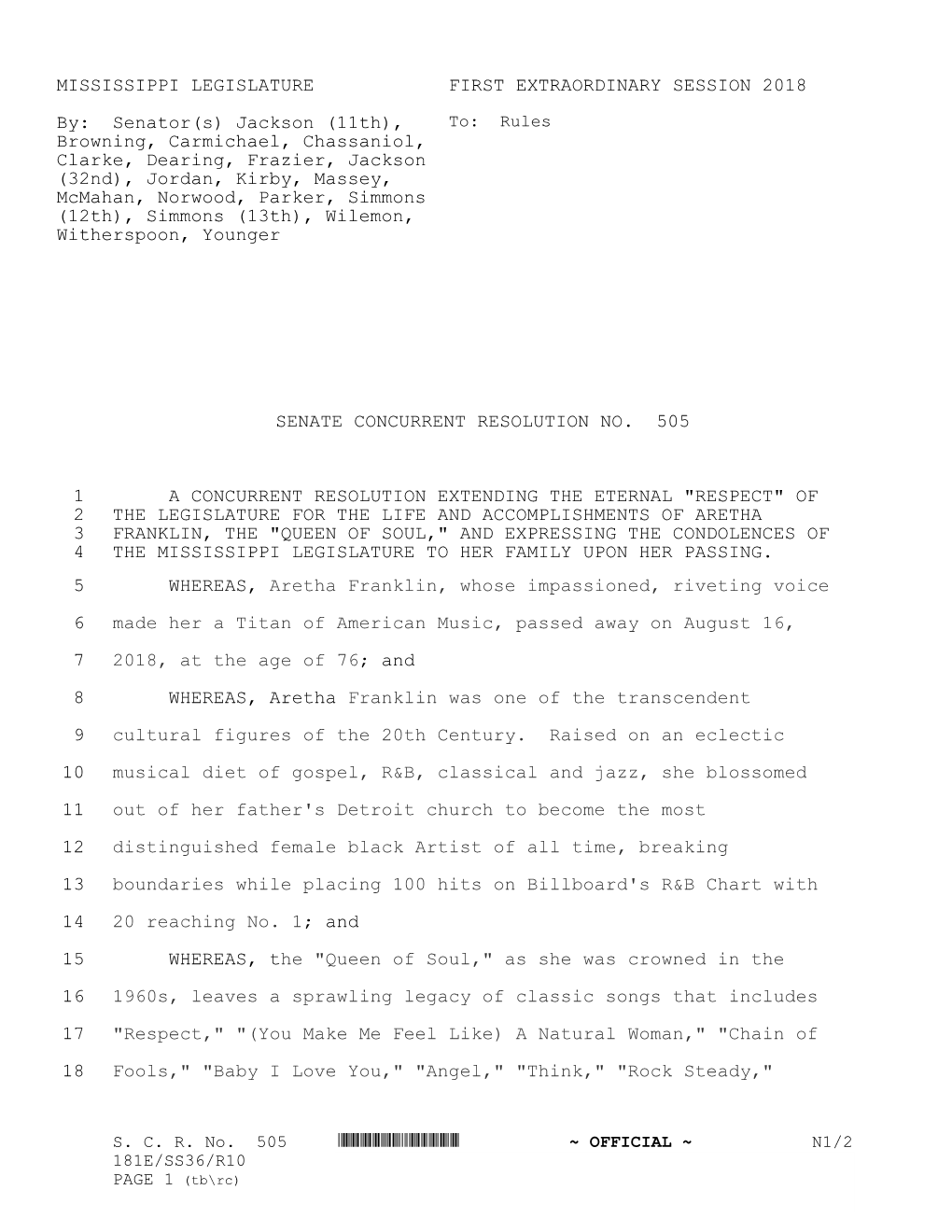 Mississippi Legislature First Extraordinary Session 2018