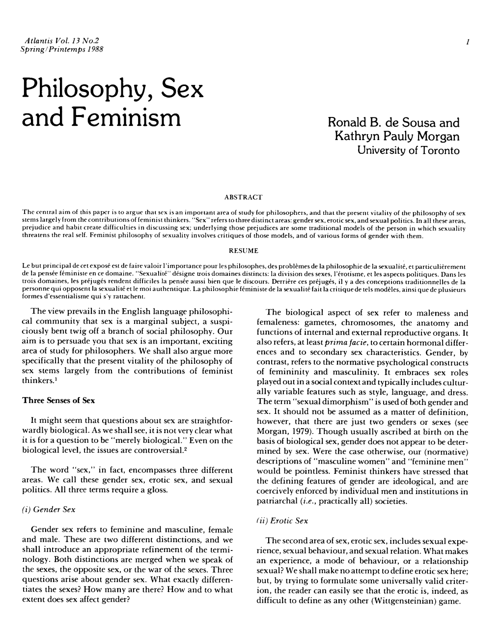 Philosophy, Sex and Feminism Ronald B