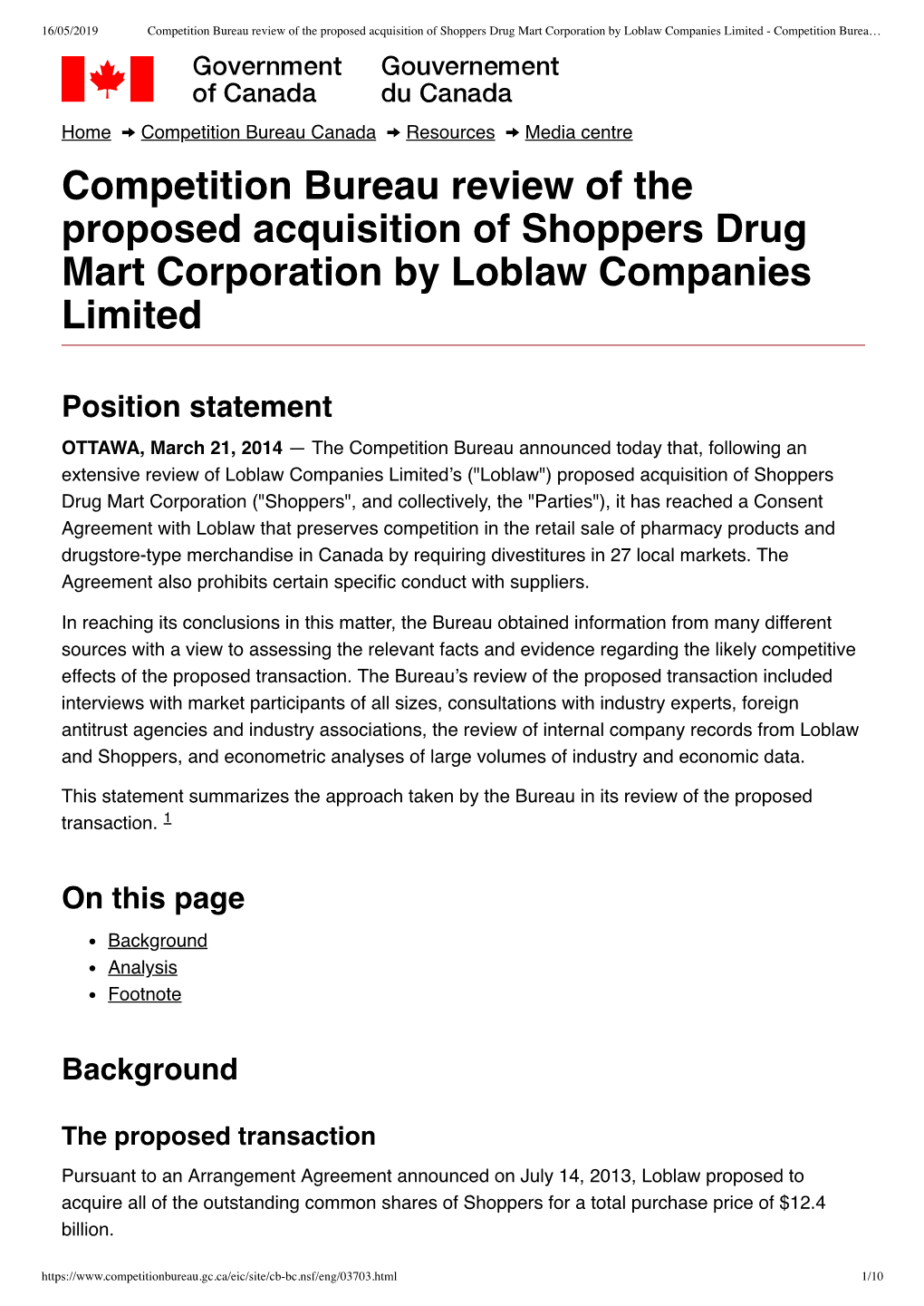 Competition Bureau Review of the Proposed Acquisition of Shoppers Drug Mart Corporation by Loblaw Companies Limited - Competition Burea…