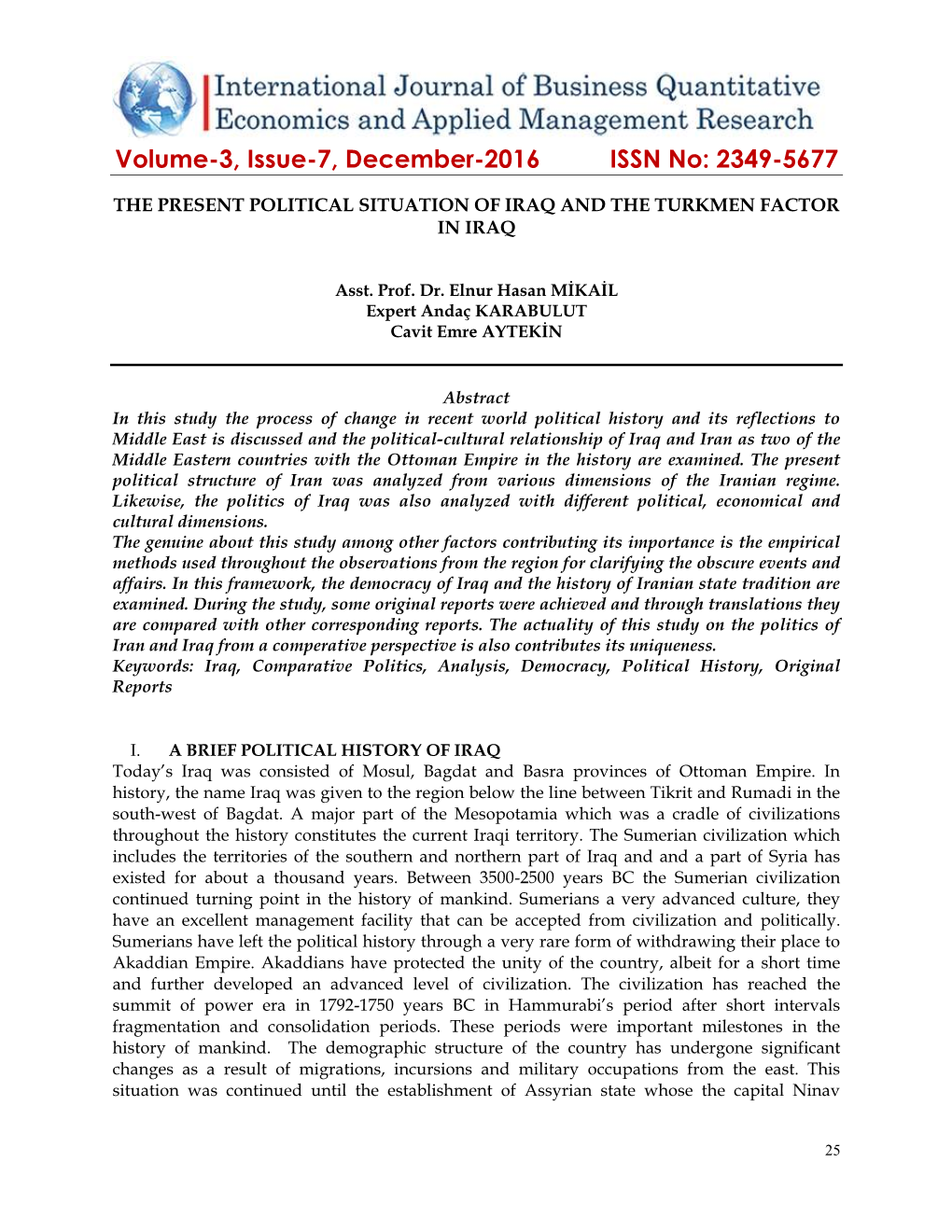 Volume-3, Issue-7, December-2016 ISSN No: 2349-5677