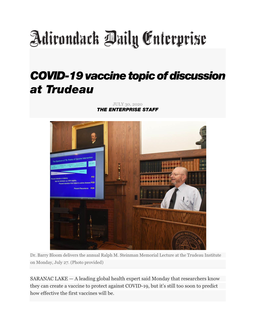 7/30/2020 COVID-19 Vaccine Topic of Discussion at TRUDEAU(Adk Daily Enterprise)