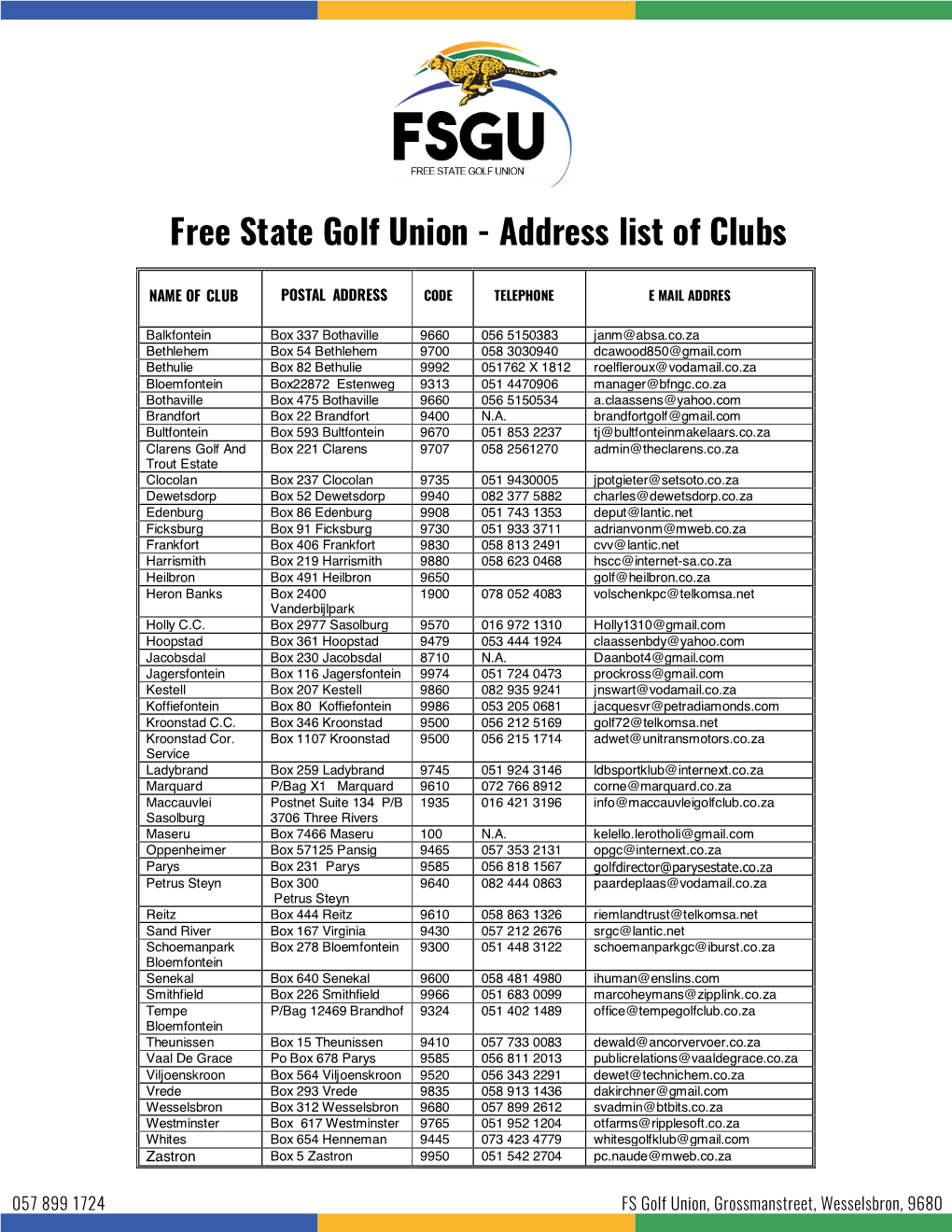 Address List of Clubs