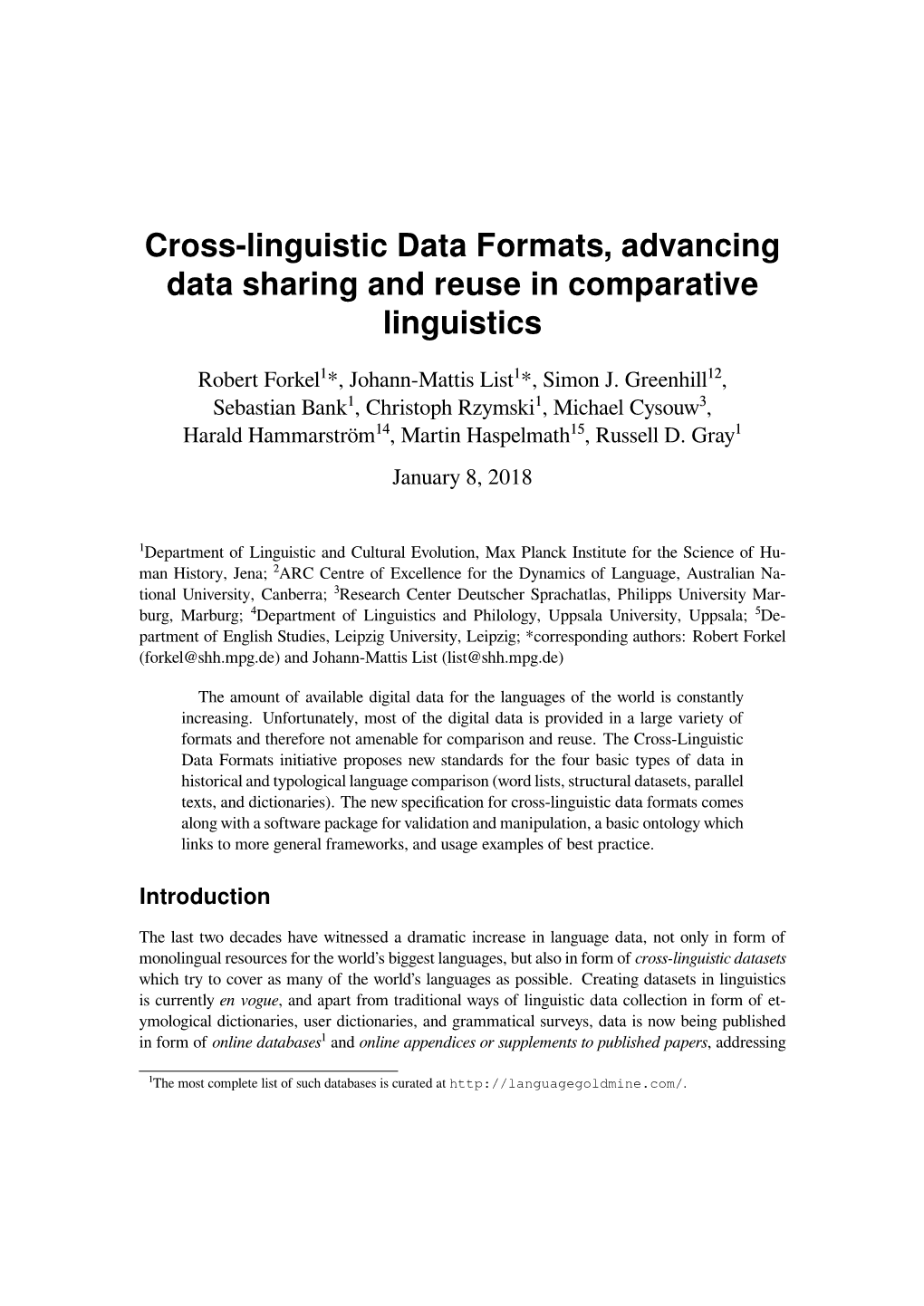 Cross-Linguistic Data Formats, Advancing Data Sharing and Reuse in Comparative Linguistics