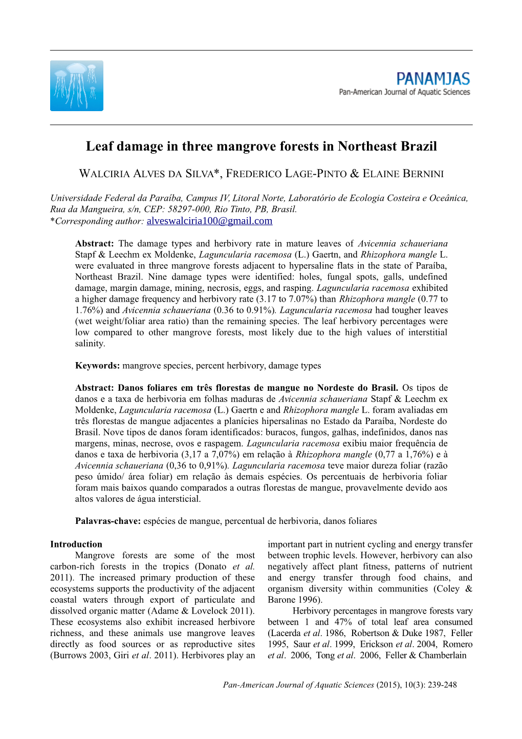 Leaf Damage in Three Mangrove Forests in Northeast Brazil