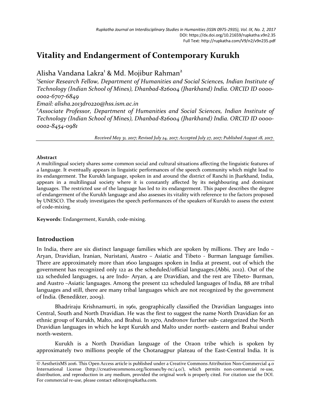 Vitality and Endangerment of Contemporary Kurukh