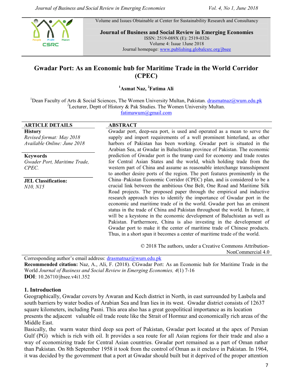 Gwadar Port: As an Economic Hub for Maritime Trade in the World Corridor (CPEC)