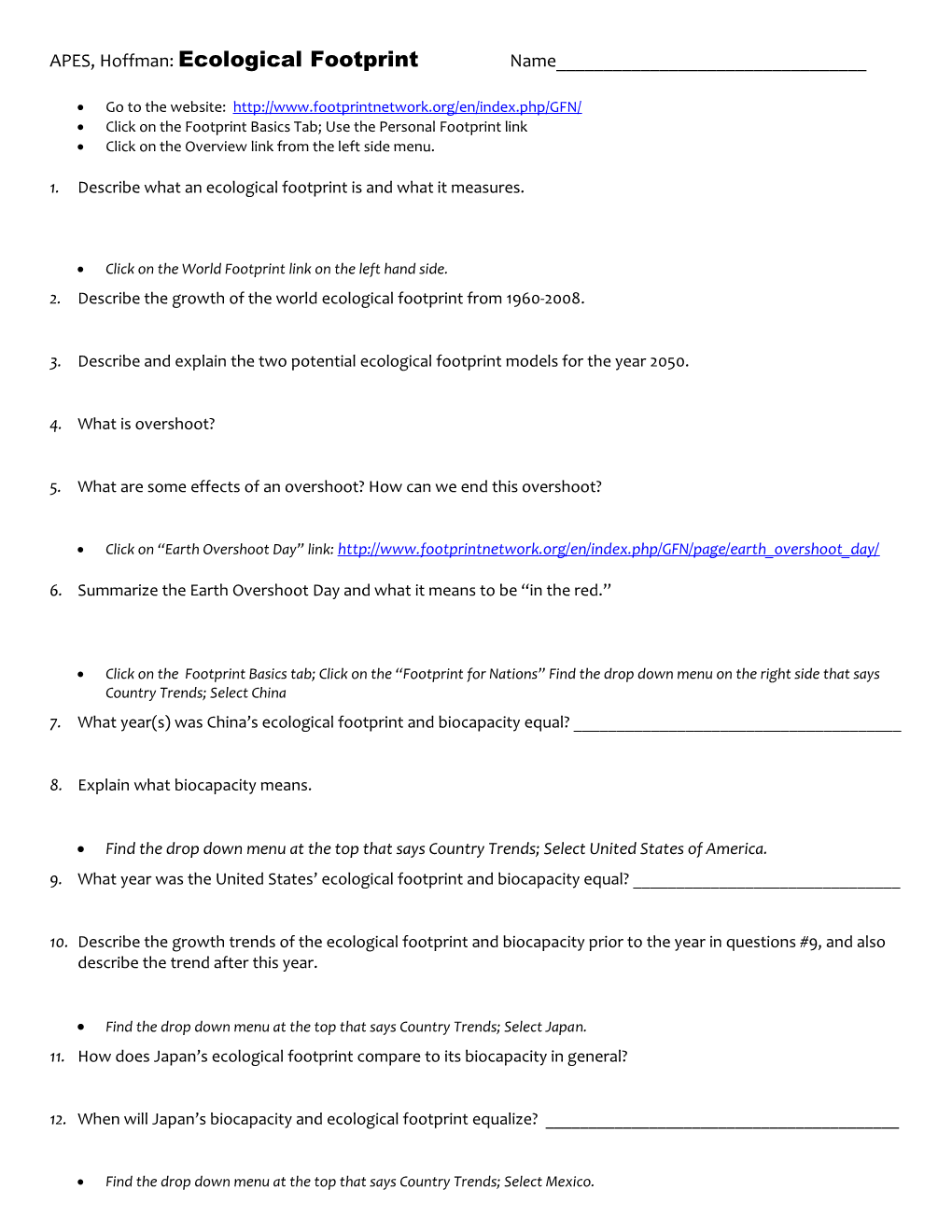 APES, Hoffman: Ecological Footprint Name______