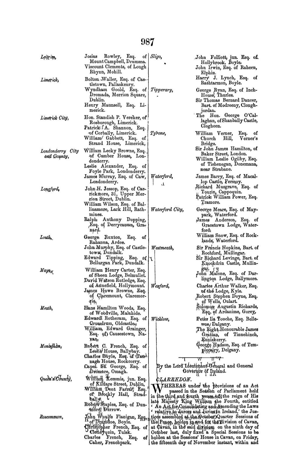 City, Londonderry City Meath, Soscommon, Josias Rowley, Esq