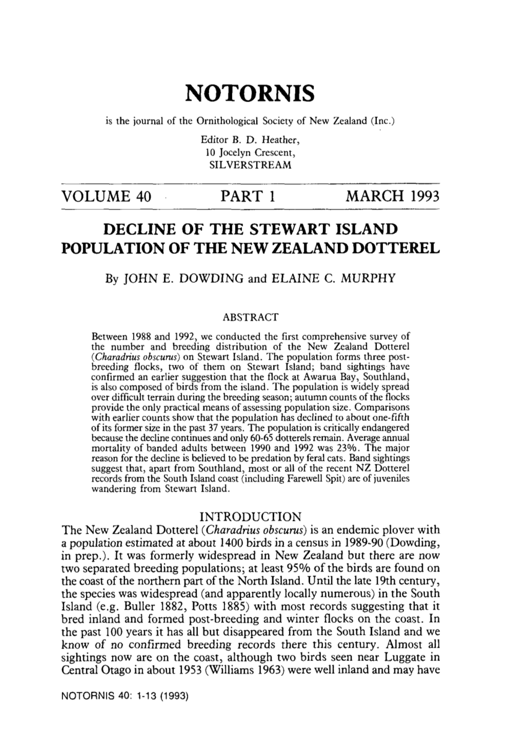 Decline of the Stewart Island Population of the New Zealand Dotterel