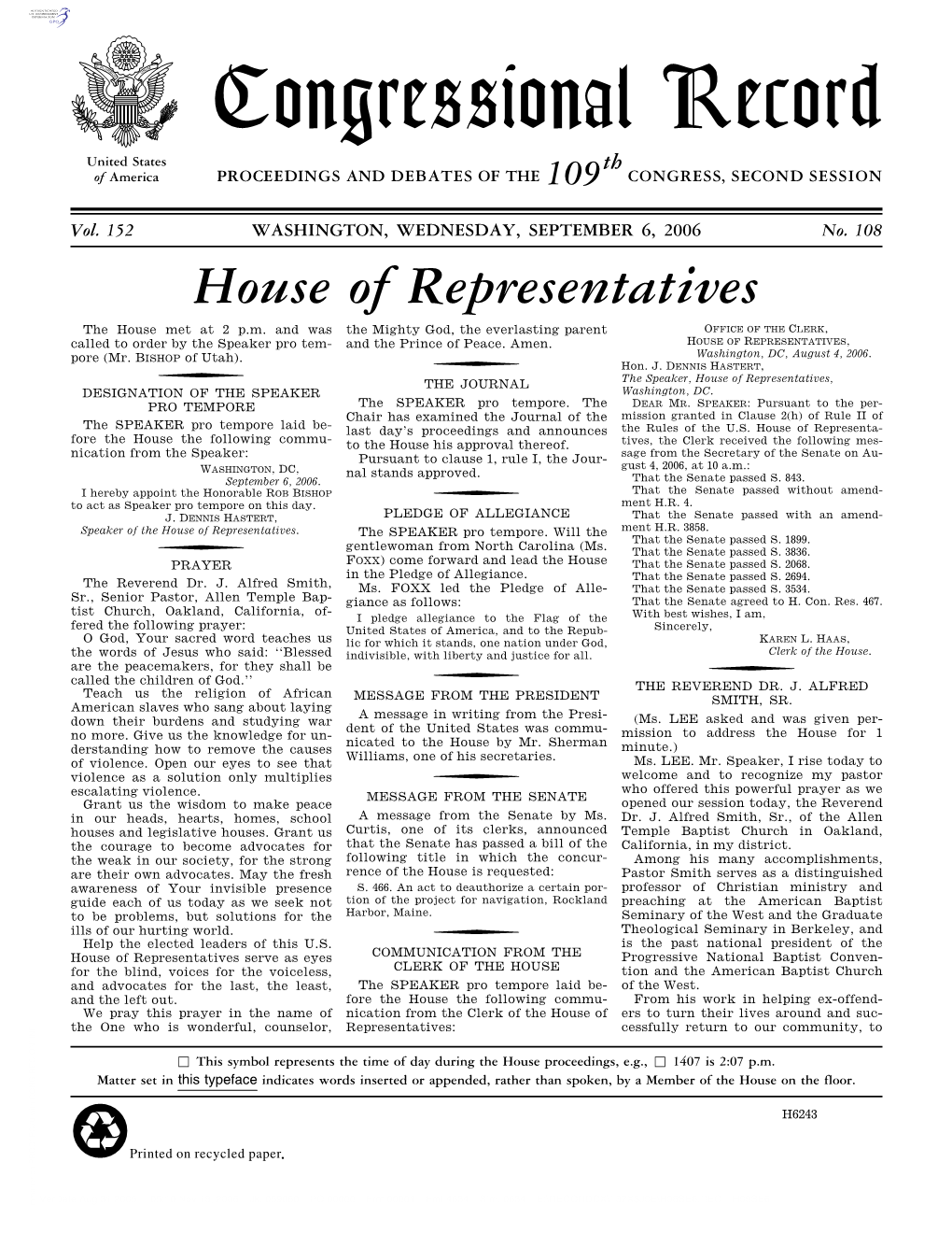 Congressional Record United States Th of America PROCEEDINGS and DEBATES of the 109 CONGRESS, SECOND SESSION