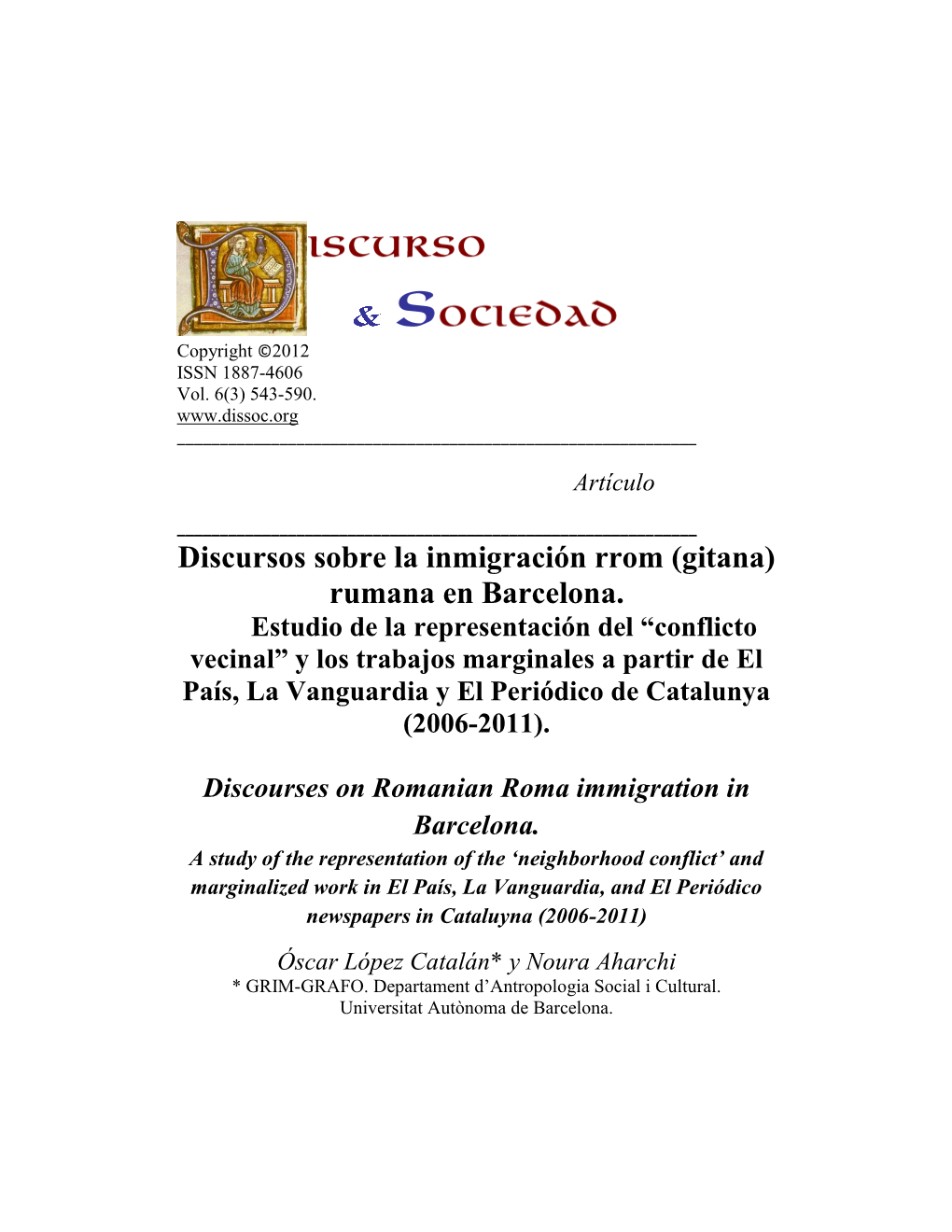 Discursos Sobre La Inmigración Rrom (Gitana) Rumana En Barcelona