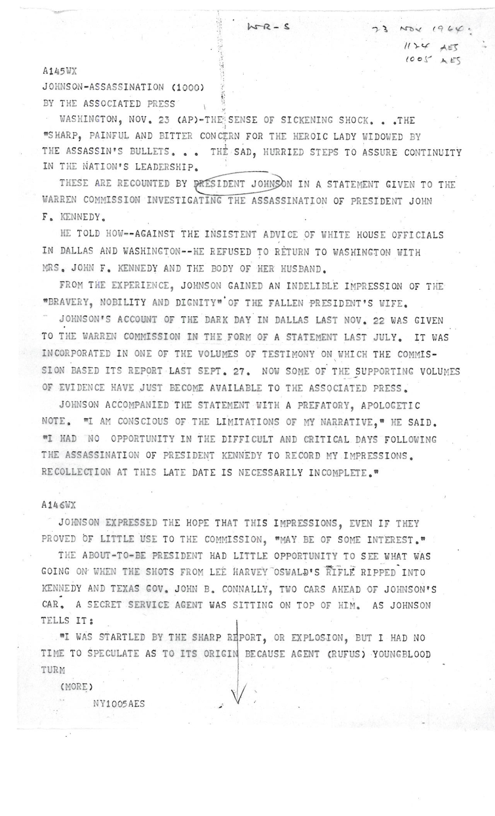 Kr-A- S T,4-Z,St (Q 4.5C Ifw ,A Foes" ),Es A145WX JOHNSON-ASSASSINATION (1000) by the ASSOCIATED PRESS WASHINGTON, NOV