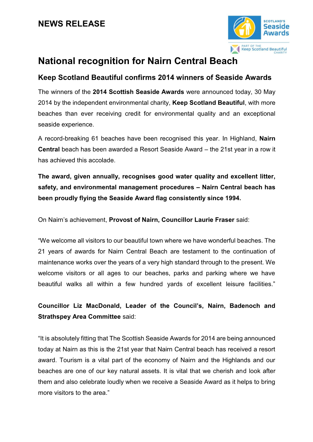 National Recognition for Nairn Central Beach