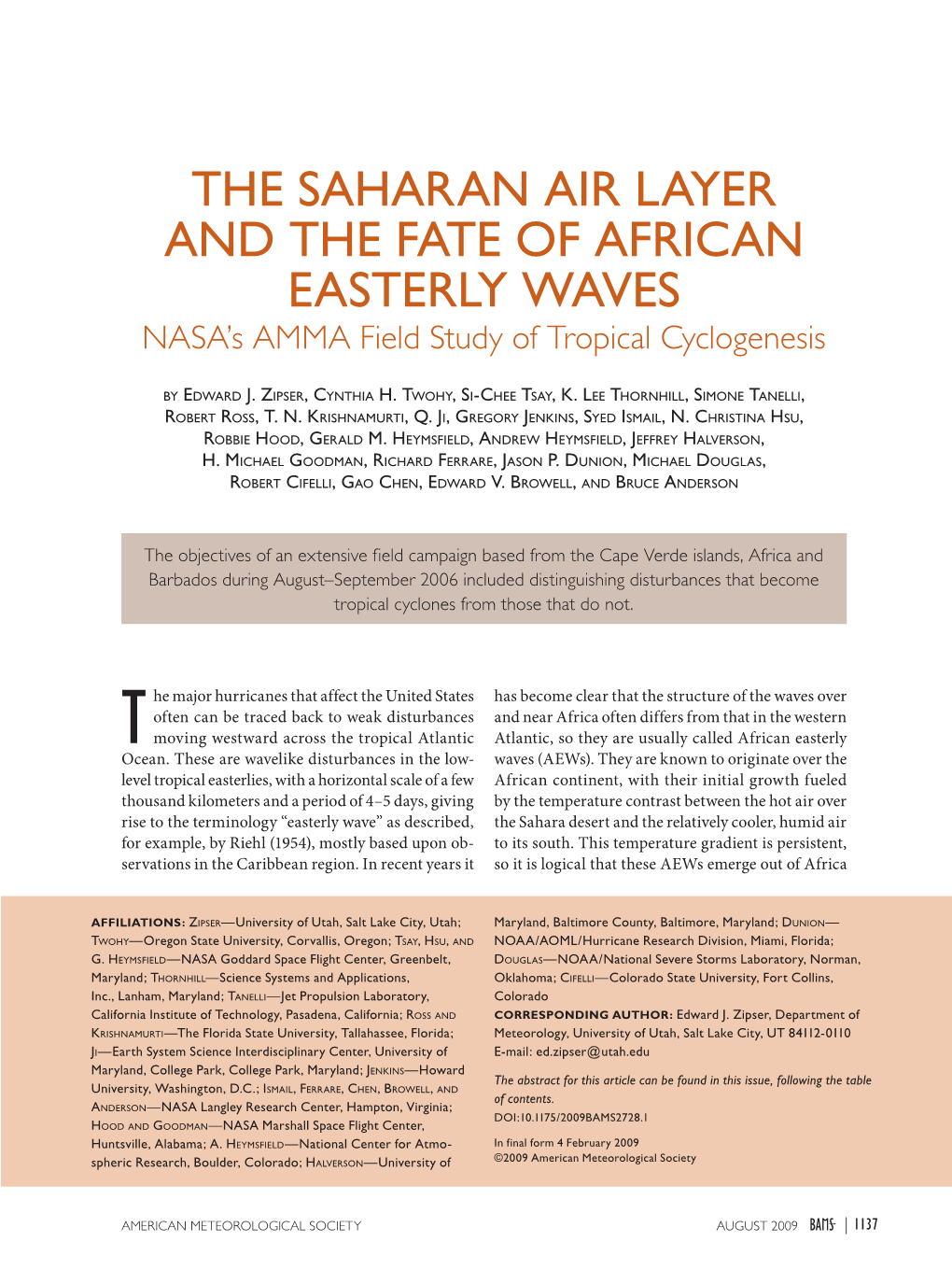 THE SAHARAN AIR LAYER and the FATE of AFRICAN EASTERLY WAVES NASA’S AMMA Field Study of Tropical Cyclogenesis