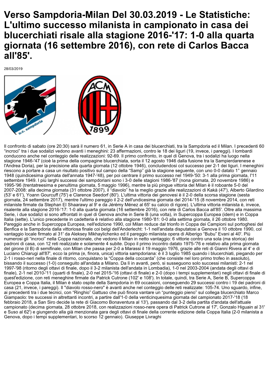 Verso Sampdoria-Milan Del 30.03.2019