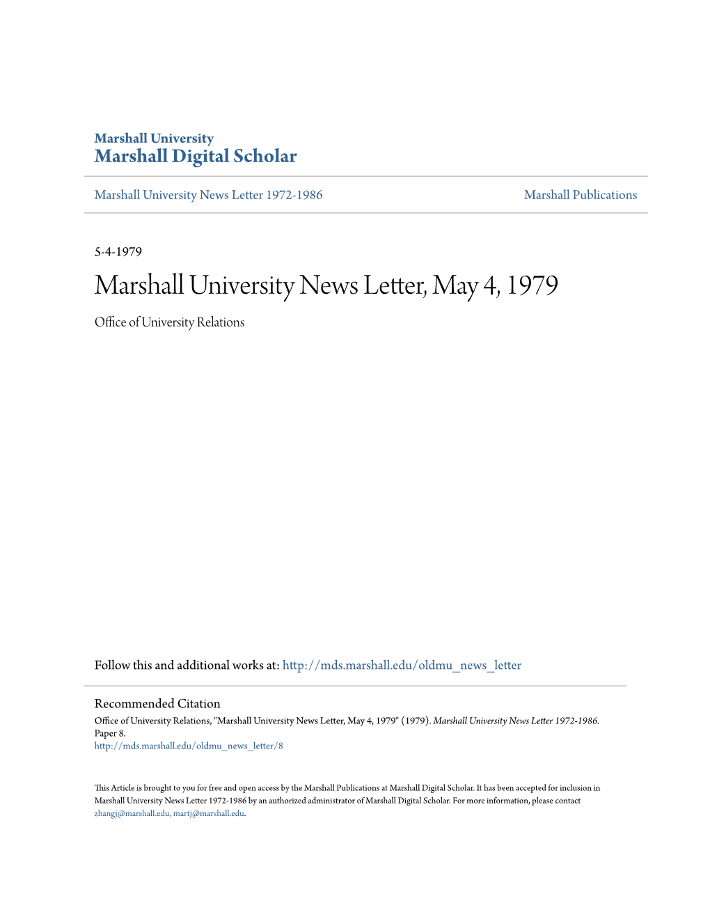 Marshall University News Letter, May 4, 1979 Office Ofni U Versity Relations