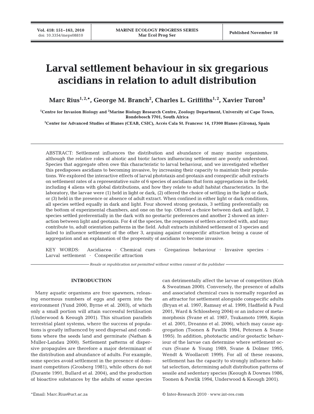 Larval Settlement Behaviour in Six Gregarious Ascidians in Relation to Adult Distribution