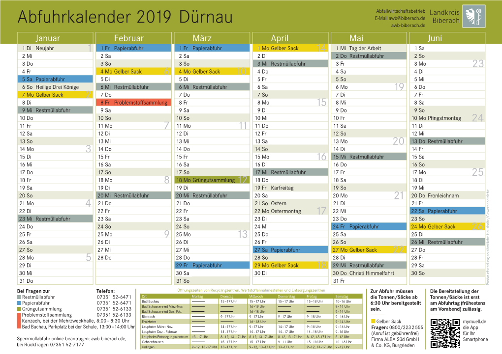 Abfuhrkalender 2019 Dürnau