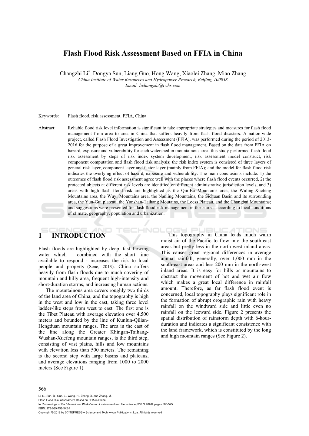 Flash Flood Risk Assessment Based on FFIA in China